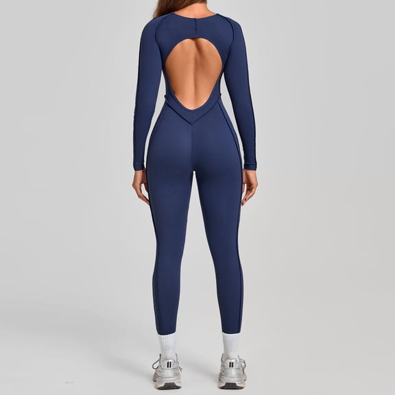 SKQIT Womens Long Sleeve Workout Jumpsuit Contouring Seams Backless Bodysuit Yoga Rompers Catsuit