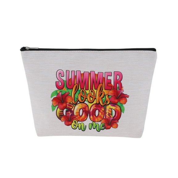 Unique Bargains 1 Pc Linen Printed Makeup Bag for Vacation Business Wedding White Flax