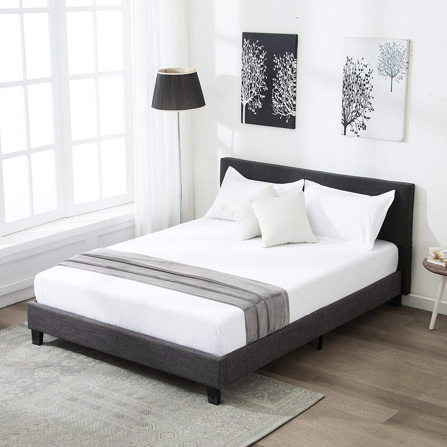 Mecor Upholstered Linen Platform Queen Size Bed Metal Frame - with
