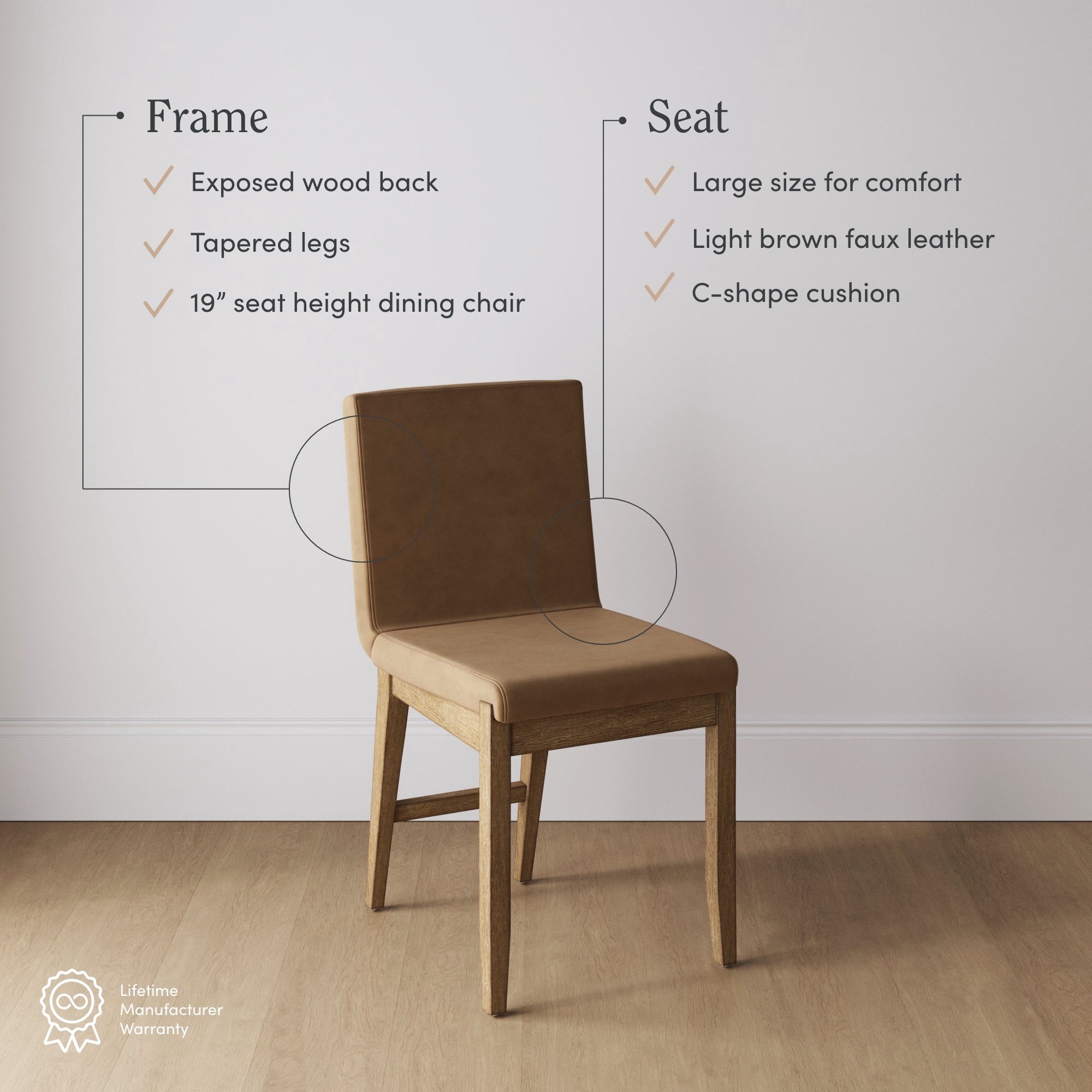 Nathan James Gracie Modern Dining Chair with Cushion, Upholstered Dining Chair with Solid Wood Frame, Light Brown
