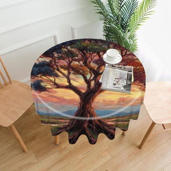 RKSupls 60 Inch Round Tablecloth, Sunset Tree River Premium Polyester Straight Edge Wrinkle Resistant Washable Table Cover for Party Home Dining Decor