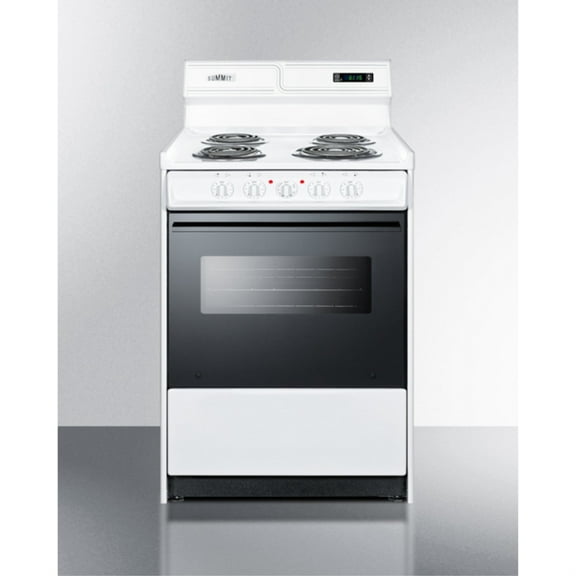 24" wide electric coil top range in white with black door, oven window, and high backguard