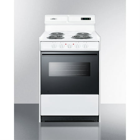 24  wide electric coil top range in white with black door  oven window  and high backguard