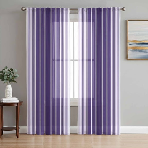Sheer Curtains 108 Inches Long 2 Panels Set for Living Room, Purple Ombre Stripe Semi Sheer Curtains for Windows, Farmhouse Simple Striped Voile Window Treatments Rod Pocket Curtain