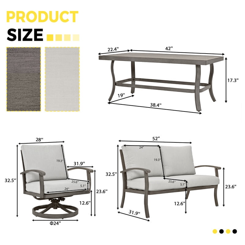 4 Piece Aluminum Patio Conversation Set, Patio Outdoor Furniture Set with 1 Coffee Table, 2 Swivel Chairs and 1 Loveseat, Outdoor Furniture Set for Backyard Deck Poolside