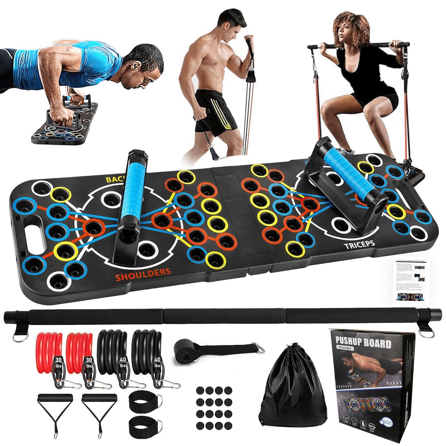 PLKJ Black 1 Pack Foldable Adjustable Push-Up Board, 54 In 1 Upgraded Exercise Fitness Workout Equipment With Pilates Bar, Resistance Bands & Roller, Chest Muscle Abdominal Muscle Training Equipment