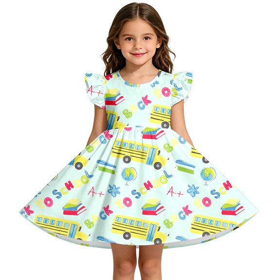 Curuila Child Toddler Girls Dress Flutter Sleeve Cartoon Print Crew Neck For School Fashionable Dresses Size 18-24 Months