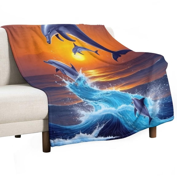 Dolphins Leaping at Sunset Throws Blankets for Sofa Bed Winter Plush Warm Blanket Holiday Gifts