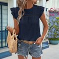 thumbnail image 3 of Women Summer Eyelet Tops Dressy Casual Crew Neck Ruffle Cap Sleeve Boho Shirts Lace Embroidered Blouses 2025 Navy blue XXL, 3 of 5