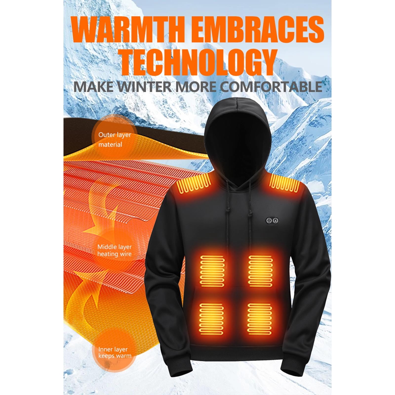 UVEASISHA Unisex Heated Hoodie for Men Women 17 Heating Zones Pullover Sweatshirt Warm USB Electric Hooded Tops with Kangaroo Pocket Black XXL