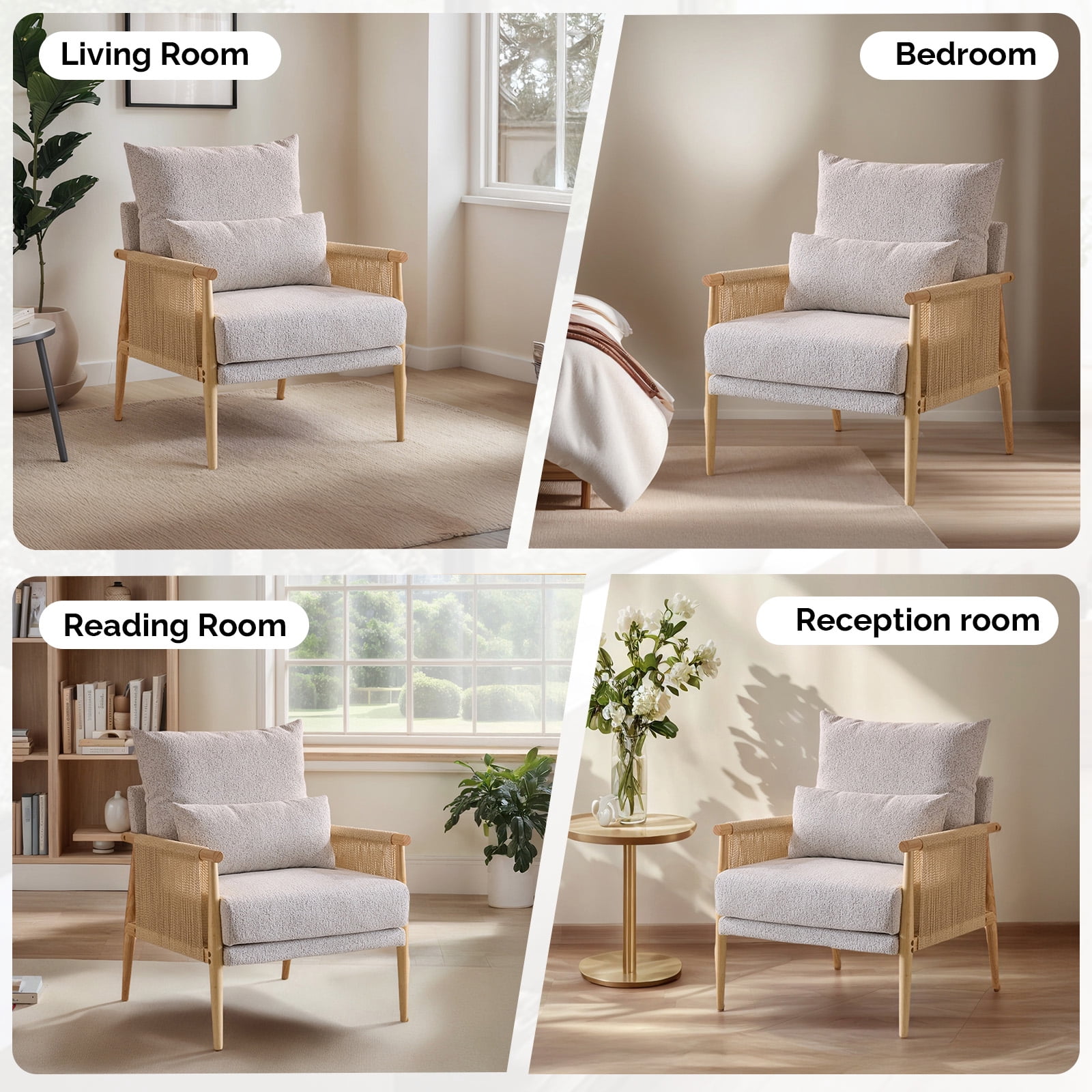 Ktaxon Accent Chair, Solid Wood and Jute Rope Armrests Armchair, Single sofa with Lumbar Pillow for Living Room Bedroom Office Light Gray