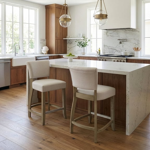 Set of 2 Aleck Beige Fabric Counter Stool with Antique Finish Wood Legs