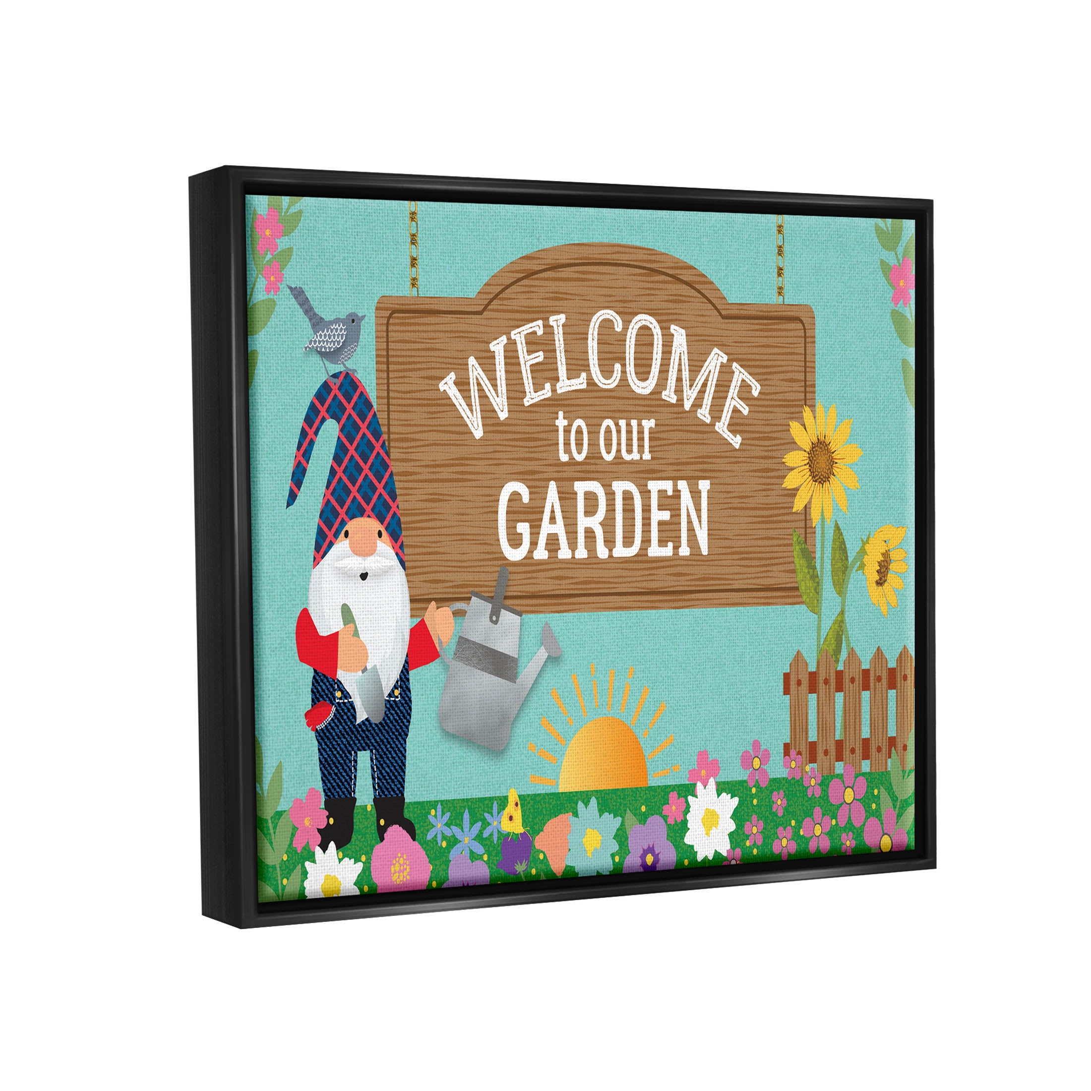 Welcome To Our Garden Gnome Fairy Tales & Fantasy Graphic Art Jet Black Framed Art Print Wall Art