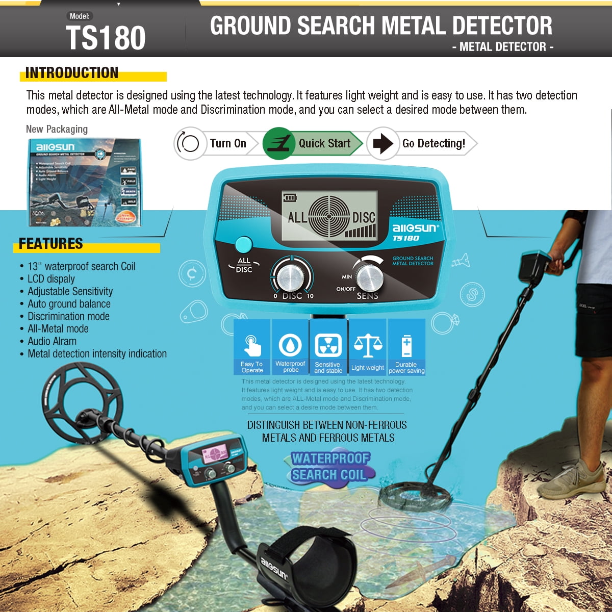 Allosun Pro Metal Detector Adults Gold Silver Finder 9 inch Waterproof Search Coil Underwater TS180