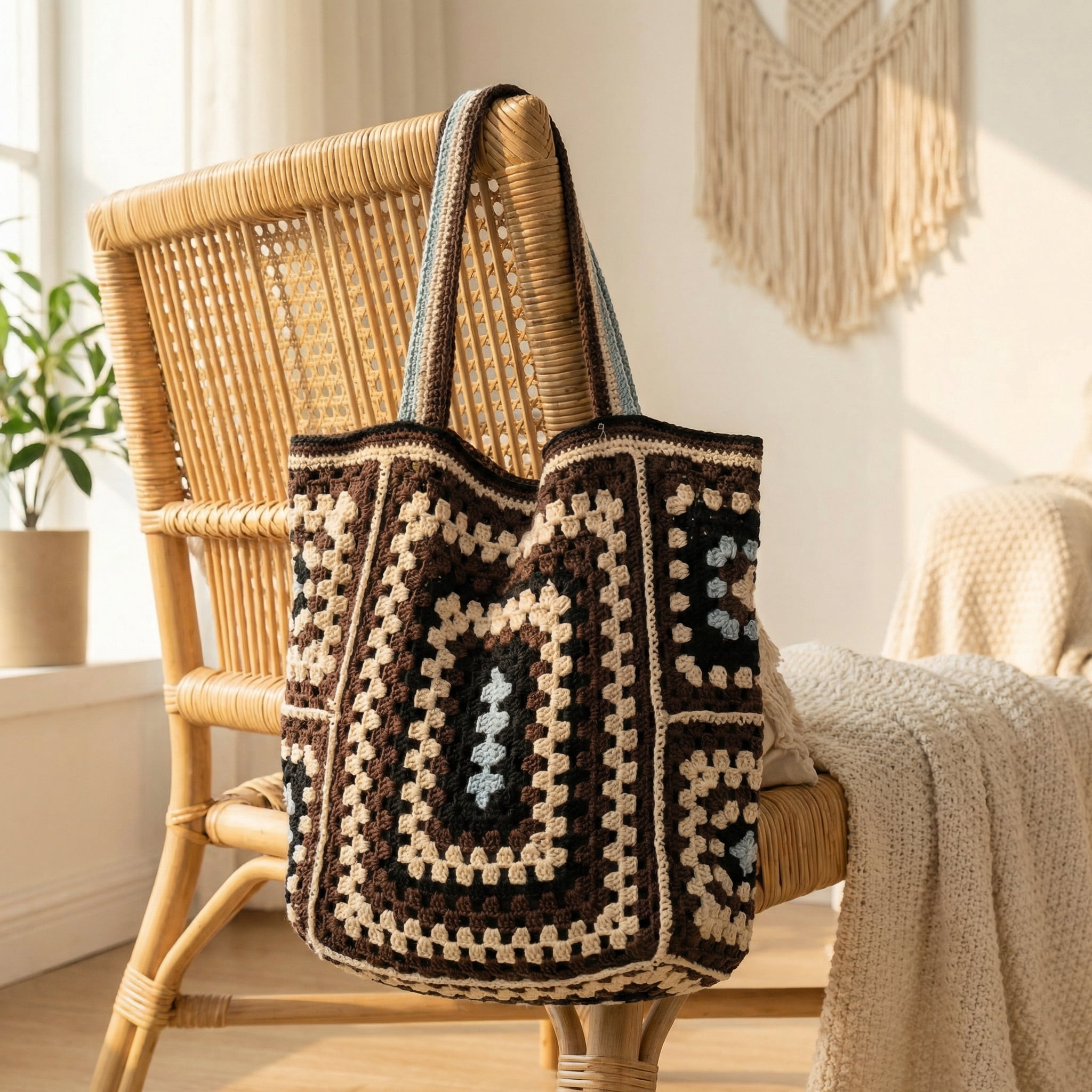 Handmade Crochet Tote Bag for Women, Vintage Granny Square Floral Shoulder Bag with Zipper and Lining, Large Capacity Boho Beach Bag