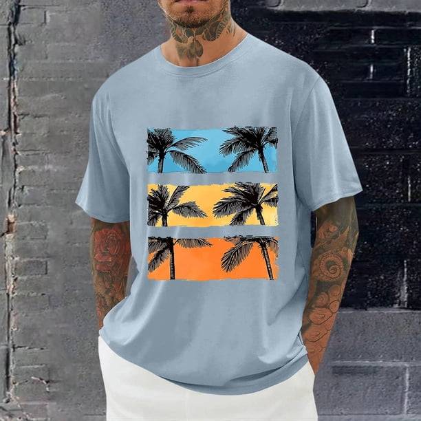 Tops para hombre, blusas y camisas de cuello redondo y manga corta para hombre, blusas casuales de moda con cuello redondo y estampado para hombre, blusas de poliéster para hombre.
