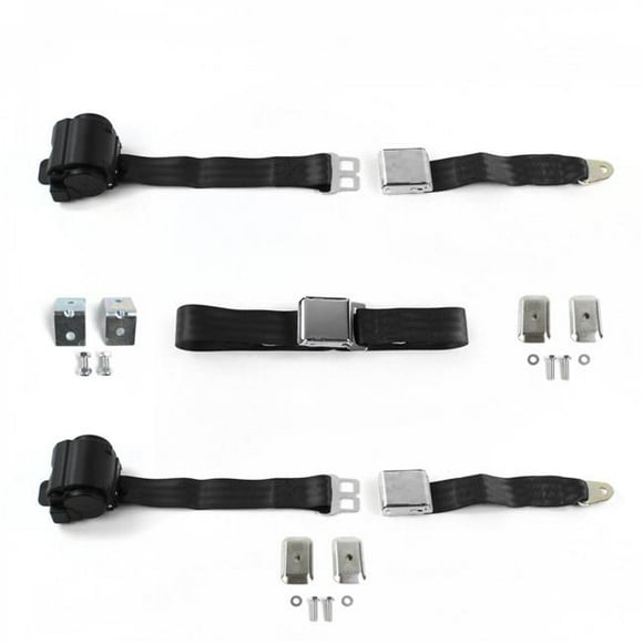 Airplane 2 Point Black Retractable Bench Seat Belt Kit with Bracketry for 1970-1979 AMC Gremlin - 3 Belts