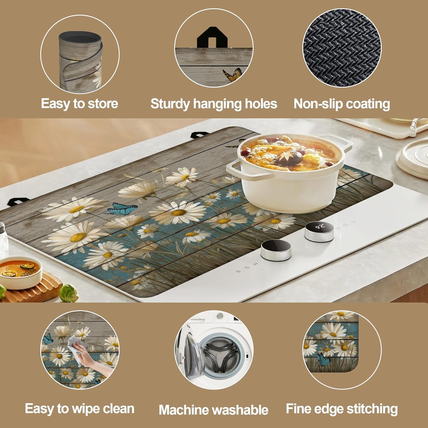 Vintage Daisy Butterfly Electric Stove Top Cover Protector,Rustic Wooden Heat Resistant Glass Top Stove Oven Induction Cooktop Mat with Rubber for Kitchen Top Covers 28.5“ x 20.5“