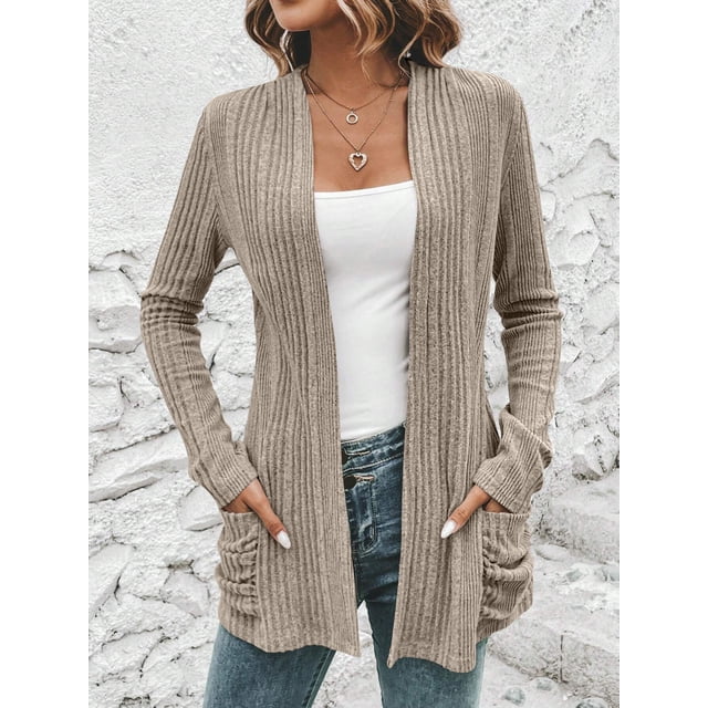 LOVZFMLL Cardigan pour Femmes Mode Rayé Brossé Manches Longues Manteau Cardigan pour Femmes