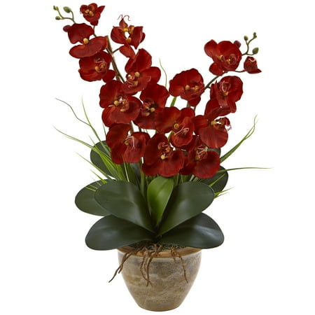 Faux Orchid Arrangement - Nearly Natural Double Phalaenopsis Harvest Silk Orchid Arrangement in Ceramic Vase