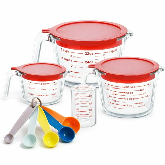 TAIMASI 9 Pcs Glass Measuring Cups Set with Lids, 4-Cup, 2-Cup, 1-Cup, 5 oz Liquid Measuring Cups & 5 Measuring Spoons | Microwave, Freezer & Dishwasher Safe
