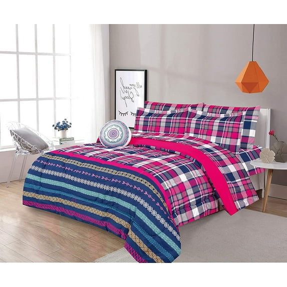 Sapphire Home 3pc Twin Size Kids Girls Teens Comforter Set w/Sham & Decorative Toy Pillow, Plaid Checks Stripe Hot Pink Girls Kids Comforter Bedding Set, Twin 3pc Checks Pink
