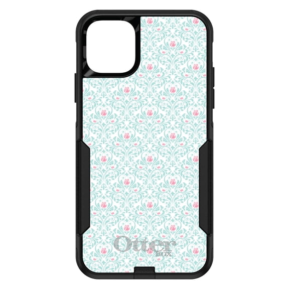DistinctInk OtterBox Commuter Custom Case for Apple iPhone 15 (6.1" Screen) - Teal & Pink Rose Pattern - Tempered Glass Back