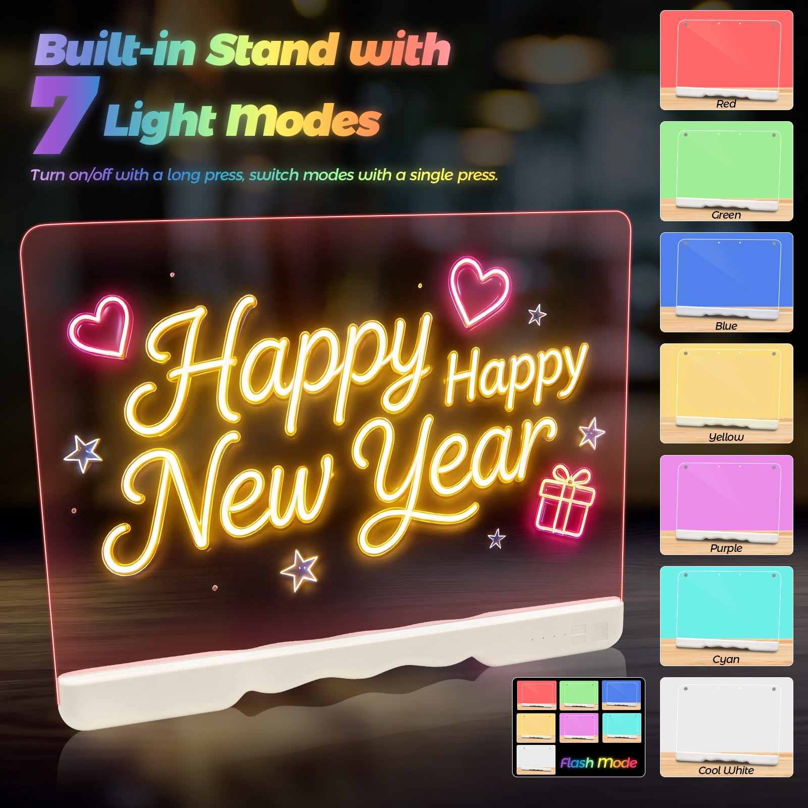 LED Note Board with 7 Color Light Modes, 16-Inch Rechargeable Neon Glow Art Dry Erase Light Up Drawing Pad with Built-in Stand for Kids, Sketching Gift Toy for Teens, 7 Markers