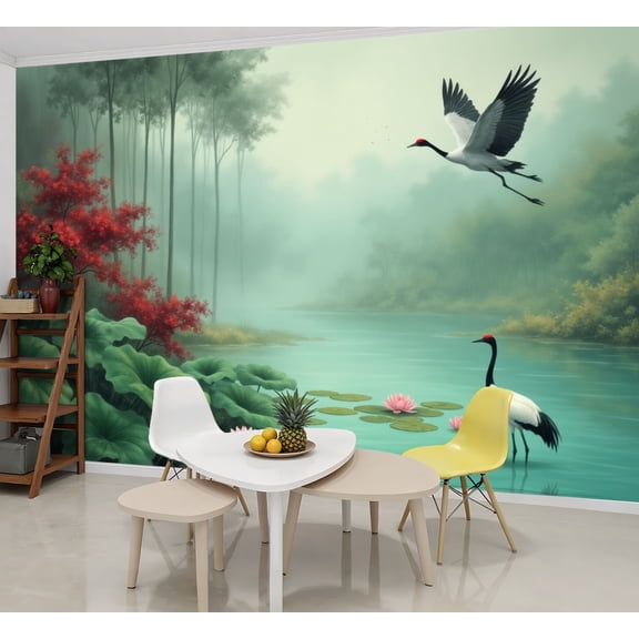 Wallpaper Red Crowned Cranes Misty Forest Pond Lotus Flowers Red Peel and Stick Wall Murals 69"H x 96"W Removable PVC Wall Paper Self-Adhesive Wall Paintings Art Decor for Bedroom Living Room