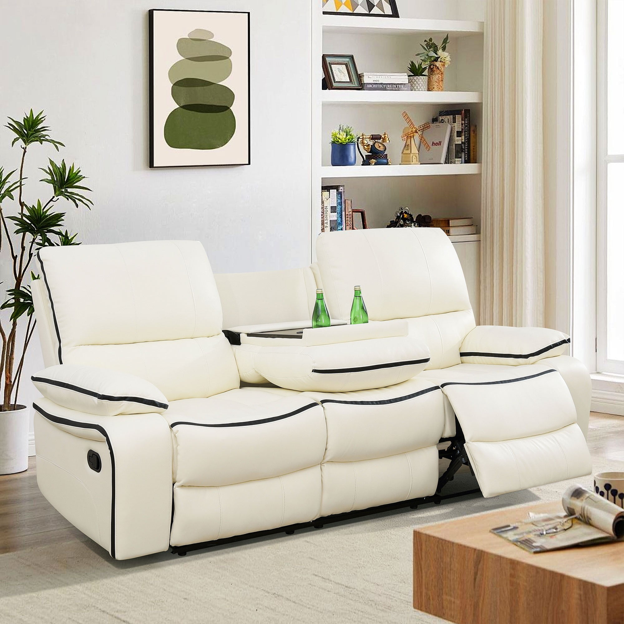 Gewnee 3-Seat Smart Sofa, Air Leather & Solid Wood Frame, Flip-Up Center Seat with Cup Holder, Adjustable Recline for Living Room, Off-white