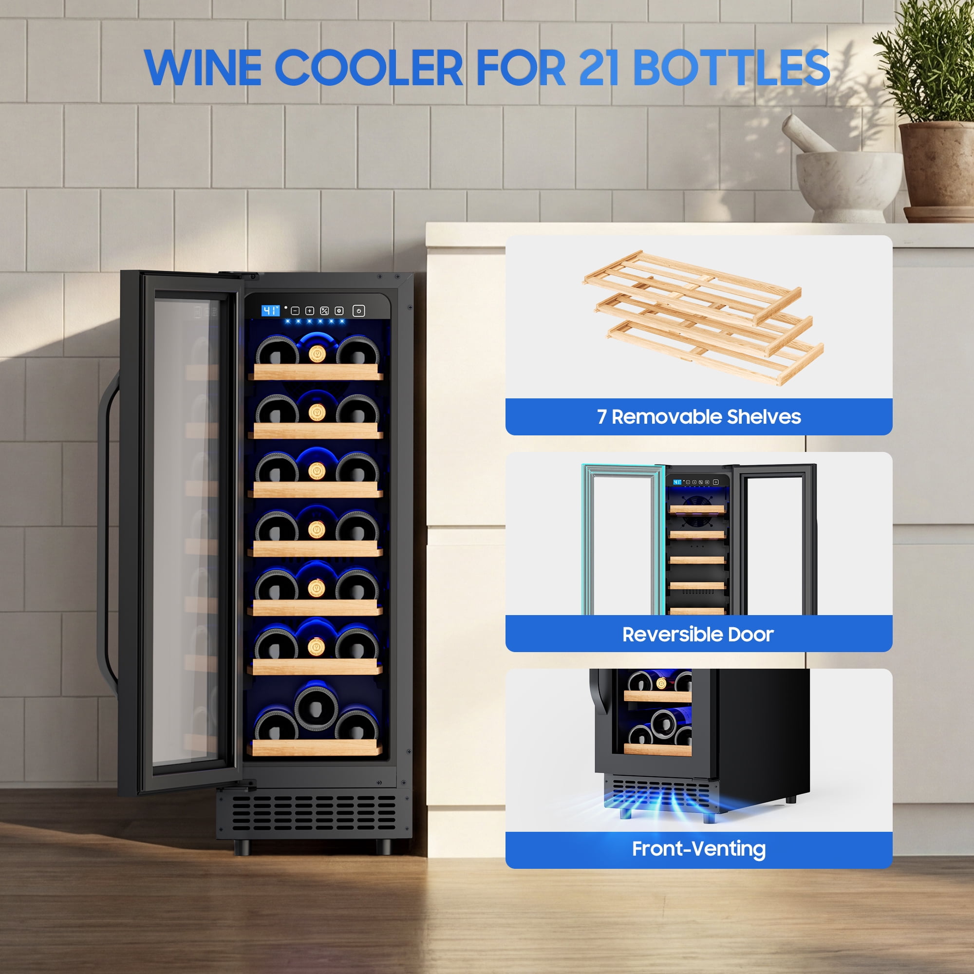 AVAHUM 12 Inch 21-Bottle Under Counter Wine Refrigerator, Slim Built-In or Freestanding Wine Cooler, Curved Handle