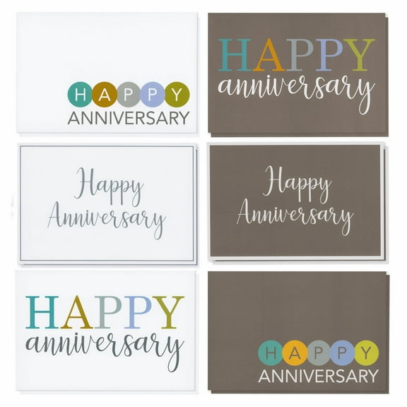 36 Pack Happy Anniversary Cards with Envelopes for Work, Wedding, Employees, 6 Designs (Blank Inside, 4x6 In)
