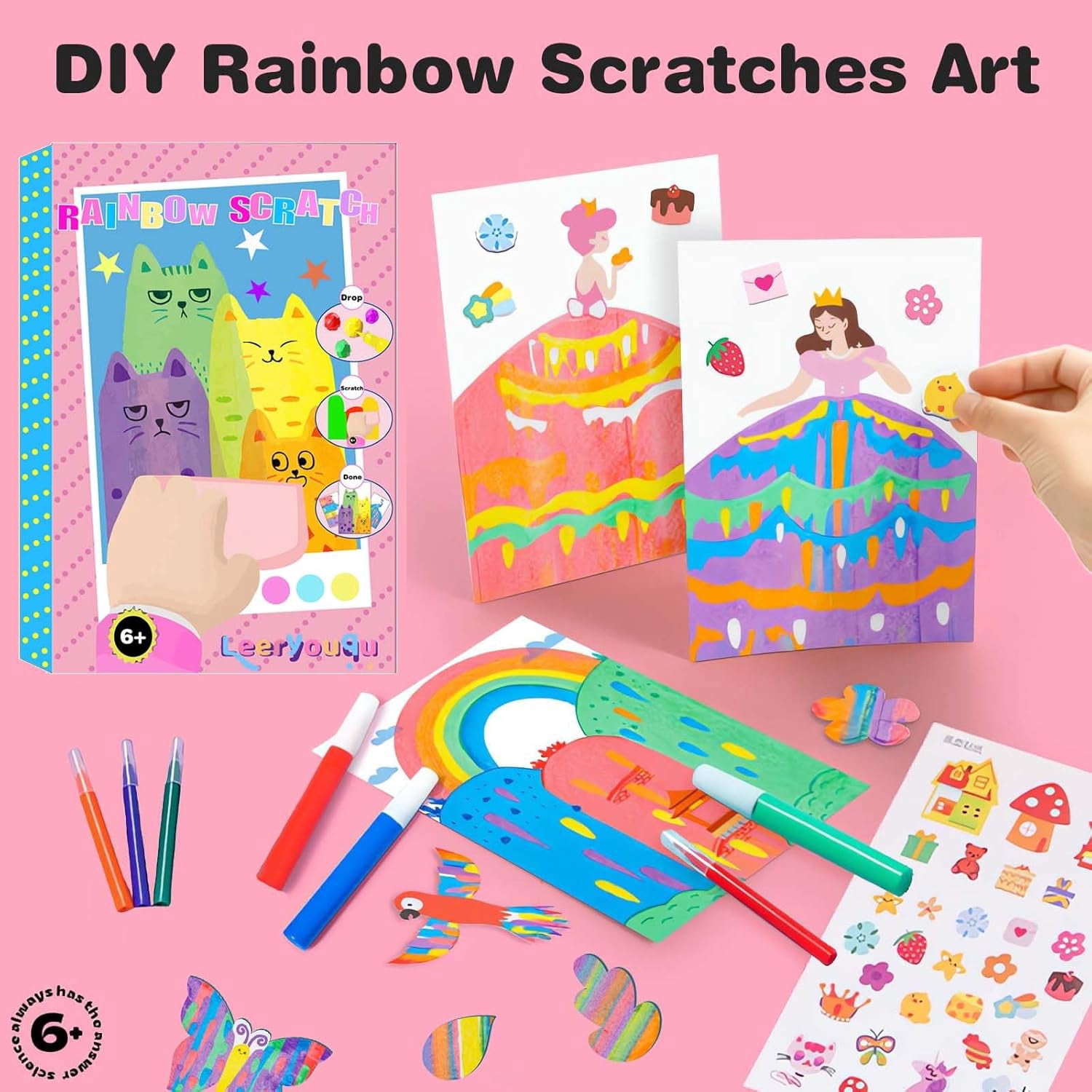 Squeegee Art Craft Kit, Creative Painting Kit for Kids, Rainbow Scratch Paper Art Set Notebooks, Magic Dot Scratch Painting Party DIY Gifts for Girls and Boys