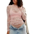 thumbnail image 2 of Women Long Sleeve Tops Sheer Floral Lace Ruched Basic Shirt Casual Pullover for Fall Club Streetwear Aesthetic Clothes, 2 of 6
