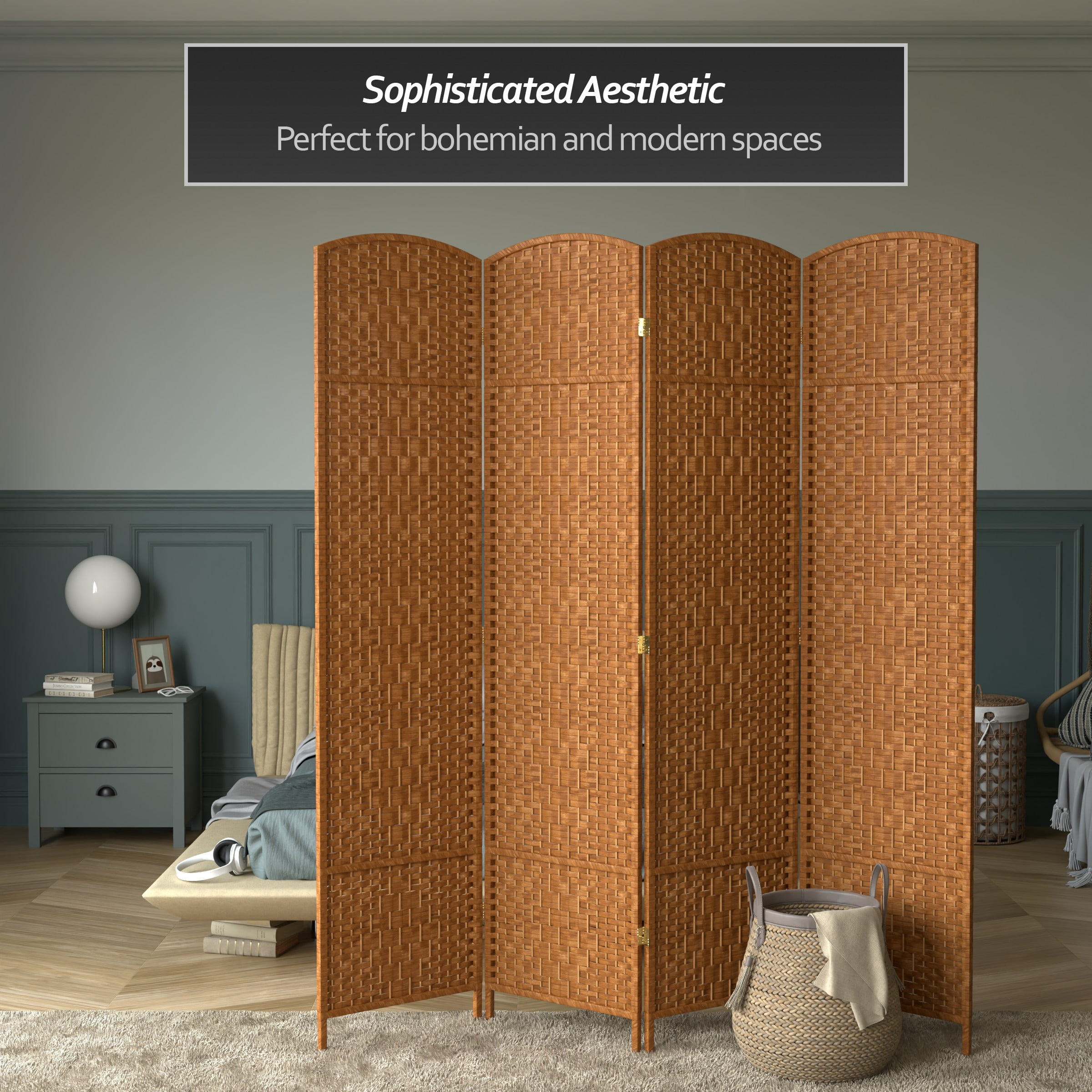 7 ft. Tall Rattan Fiber Diamond Weave Privacy Screen Room Divider - Dark Beige - 4 Panels