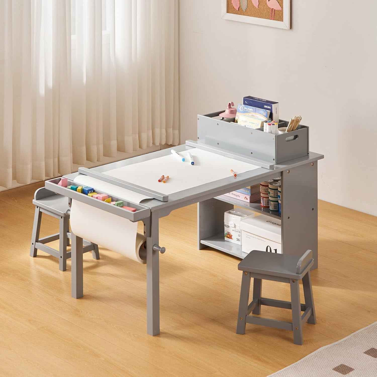 UNICOO® Drawing and Art Table & Chair Set for Toddlers - Portable Craft Supplies Organizer and Storage Shelves, Canvas Bins, Paper Roll Rack, 2 Stools, Kids Art Table, Ages 2-12 (Gray)