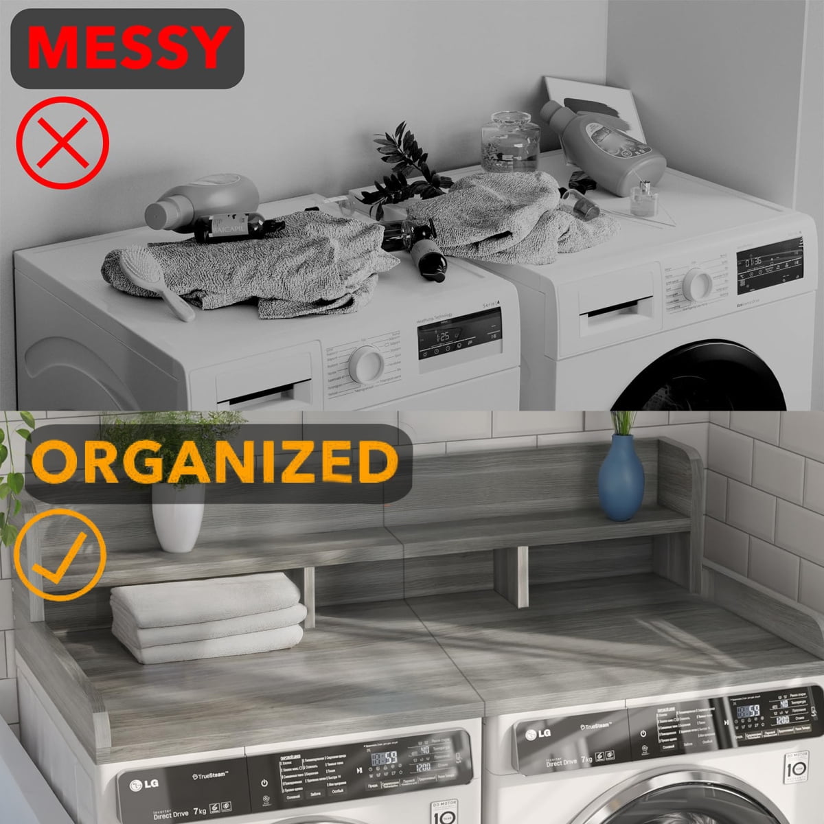 54" x 27.5" Double Layer Washer Dryer Countertop  GS  Laundry Wood Shelf Topper with Non-Slip Pads & Edge for Laundry Room Storage