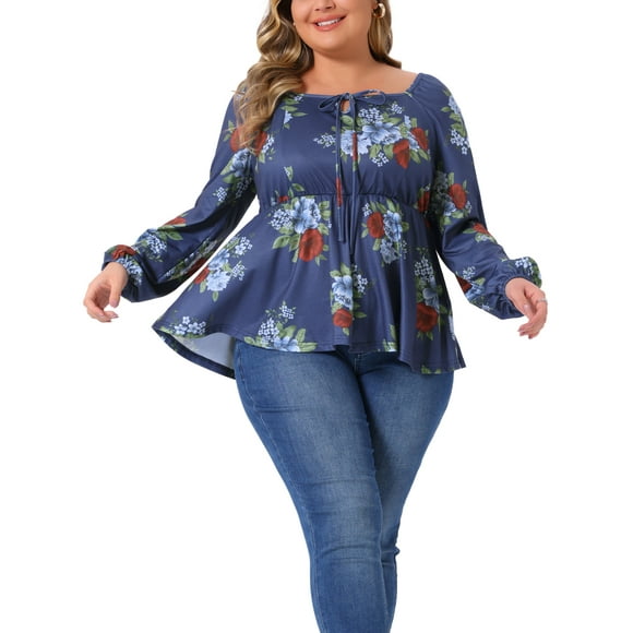 GRACE & GRANDEUR Plus Size Blouse for Women Sweetheart Neckline Long Sleeve Floral Peplum Top 4X Blue