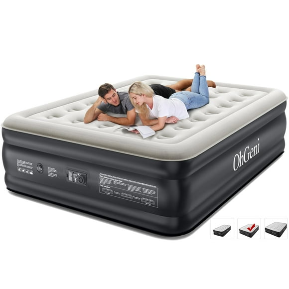 OhGeni Queen Air Mattress with Built in Pump Blow Up Colchones Inflables Mattress for Guests Foldable Portable Air Mattresses with Carrying Bag 18"" Raised Elevated Air Bed for Camping Black Airbed