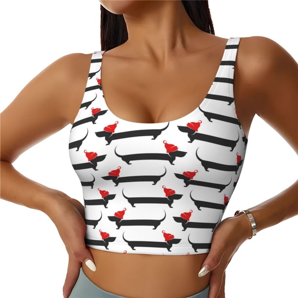 Fotbe Christmas Dachshund Sujetador Deportivo Largo sin Aros para Mujer con Almohadillas y Soporte Medio, Transpirable y Absorbente, Camiseta Tipo Chaleco o Tank Top-X-Large