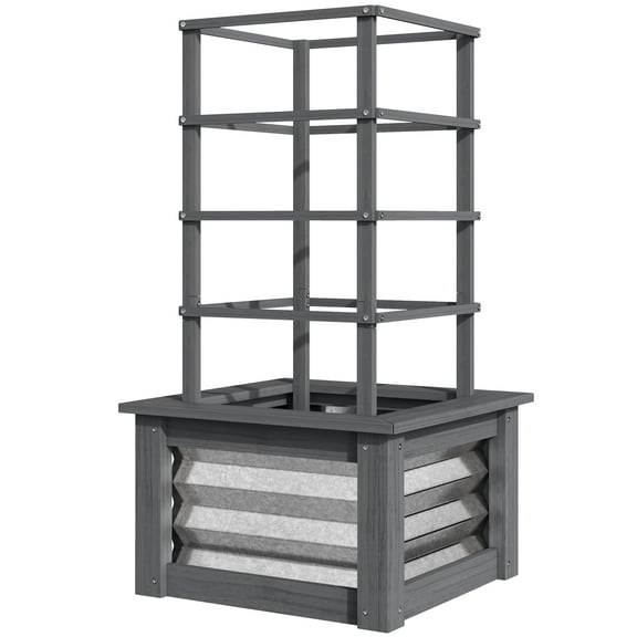 Wooden Raised Garden Bed with Trellis, Galvanized Planter Box Elevated Garden Bed for Garden, Patio, Gray