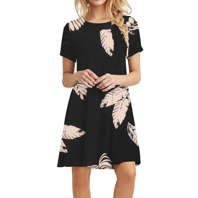 Mini vestido estampado de playa de manga corta con cuello en O informal de verano para mujer Fridja qw4139