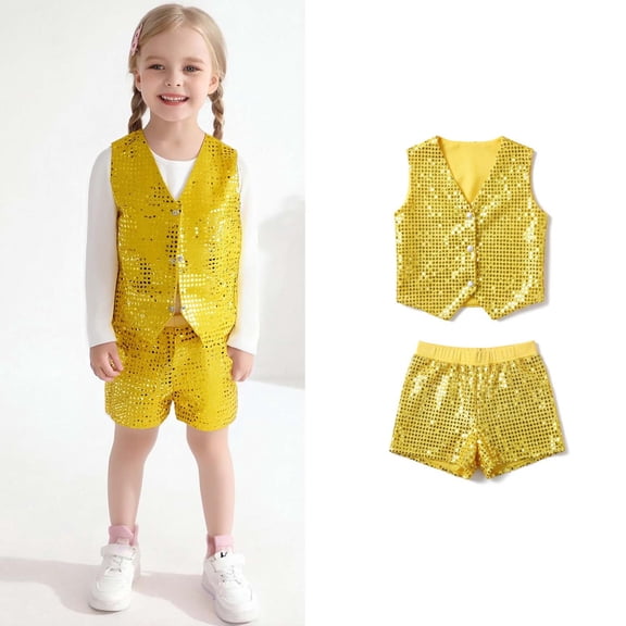 Boy Dance Sequin Yellow Dance Sleeveless Button Vest and Pants Set 80s Kids Outfit for Girls Street Dance Outerwear 6-7 Years