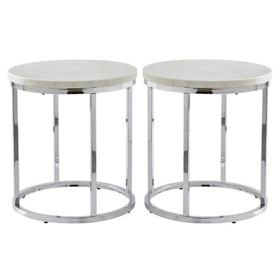 Home Square Marble Round Contemporary Metal End Table in White - Set of 2