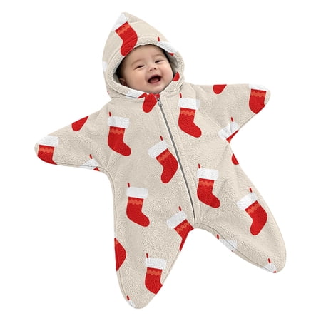 Ruyang Baby Star Shape Hooded Zipper Romper Infant Cute Print Warm Plush Newborn Jumpsuit Winter Christmas Clothes