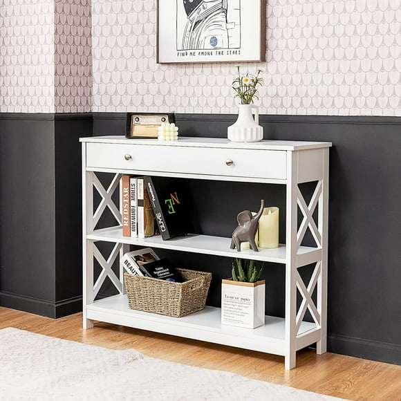 Gymax Console Table Drawer Shelves Sofa Accent Table Entryway Hallway White