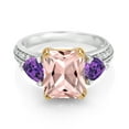 thumbnail image 2 of Gem Stone King 925 Sterling Silver and 10k Yellow Gold Peach Nano Morganite and Purple Amethyst 3 Stone Engagement Ring for Women (4.19 Cttw, Octagon Cut 10X8MM, Size 6), 2 of 4