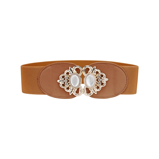 Cinturones elásticos Allegra K de 2.36" de ancho, de cuero sintético con cuentas de ópalo y incrustaciones de rhinestone, cinturón ajustable elástico para vestido de 66 cm/26" color camello