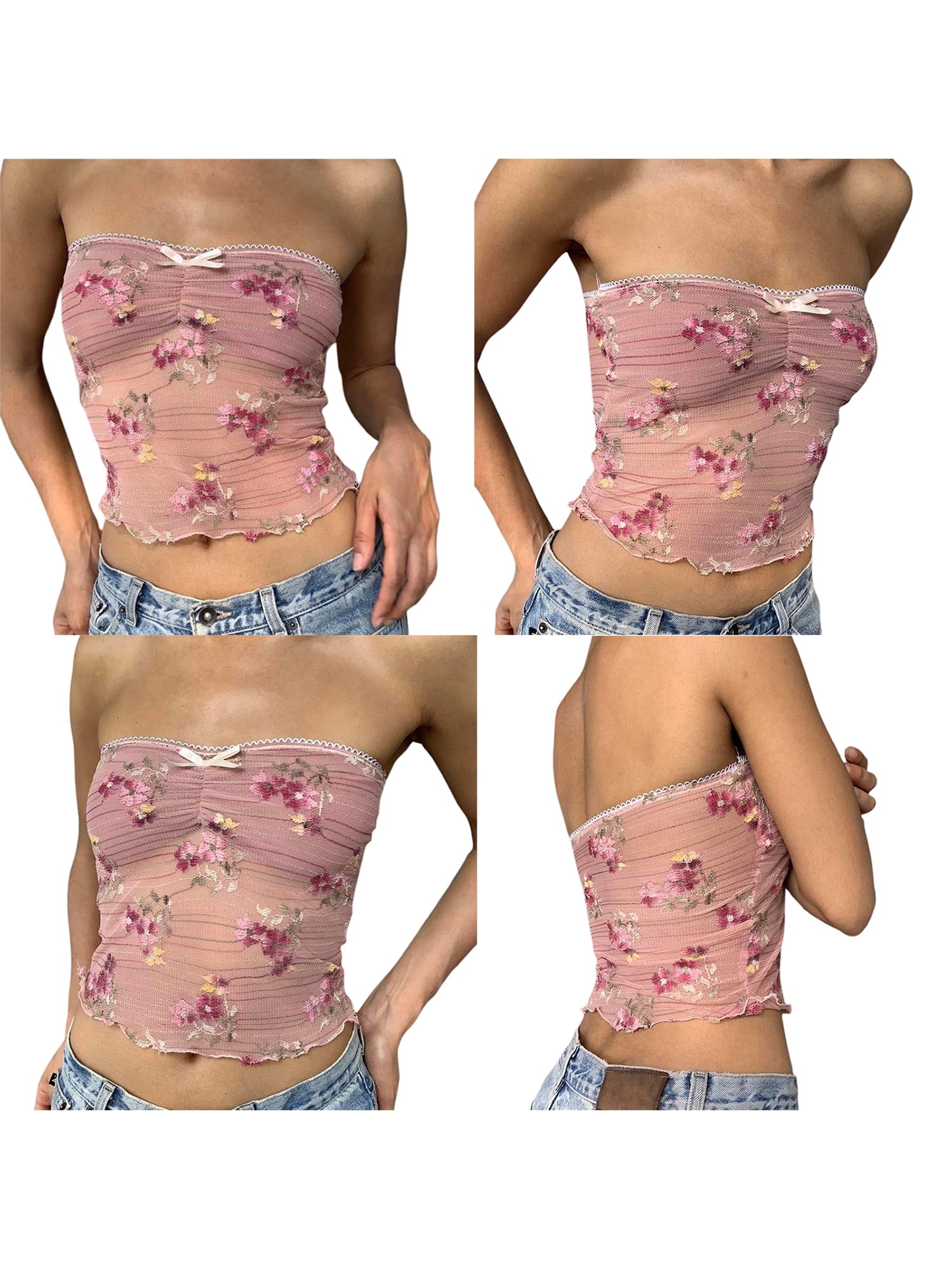 Women Y2k Lace Tube Top Tie Front Ruched Strapless Crop Top Sheer Floral  Lace Bandeau Tank Split Backless Cami Shirts