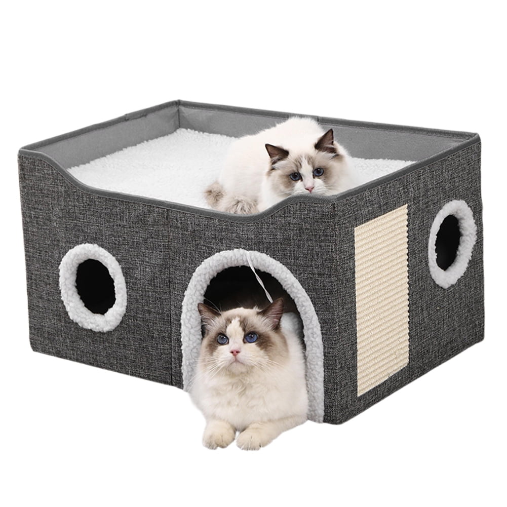 Large Cat Bed Cave Cat Hideaway, Foldable Cat Scratcher House, Big Cat Bed for Idoor, Cute Cave with Ball Toy, Fabric Pet Furniture, Big Condo for Multi Small Pet Large Kitten Kitty